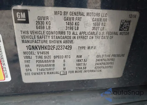 2015 Chevrolet Traverse Lt from USA, damaged, VIN 1GNKVHKD2FJ237429